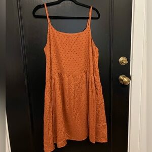 Orange, spaghetti strap dress with textured polka dots from LOFT.